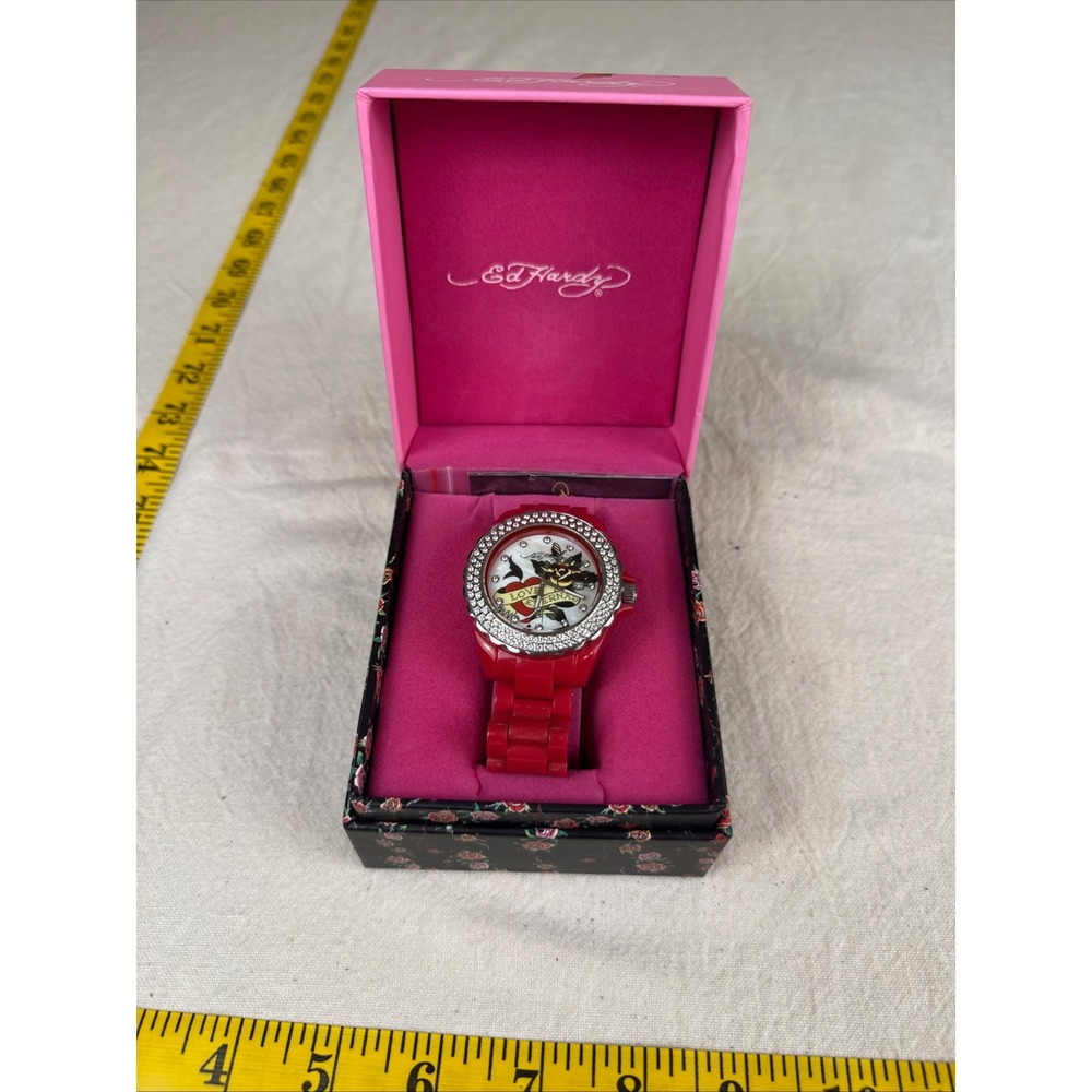 Ed Hardy Watch Womens Red Y2K Swarovski Crystal Love Eternal New Battery in Box